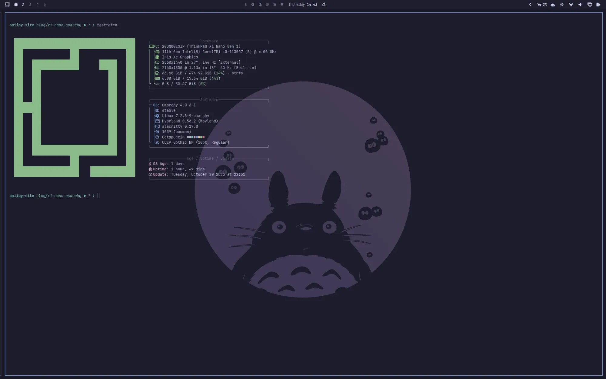 Catppuccin のテーマで、透けたターミナルで fastfetch を流し、後ろにトトロの壁紙が見えるデスクトップ